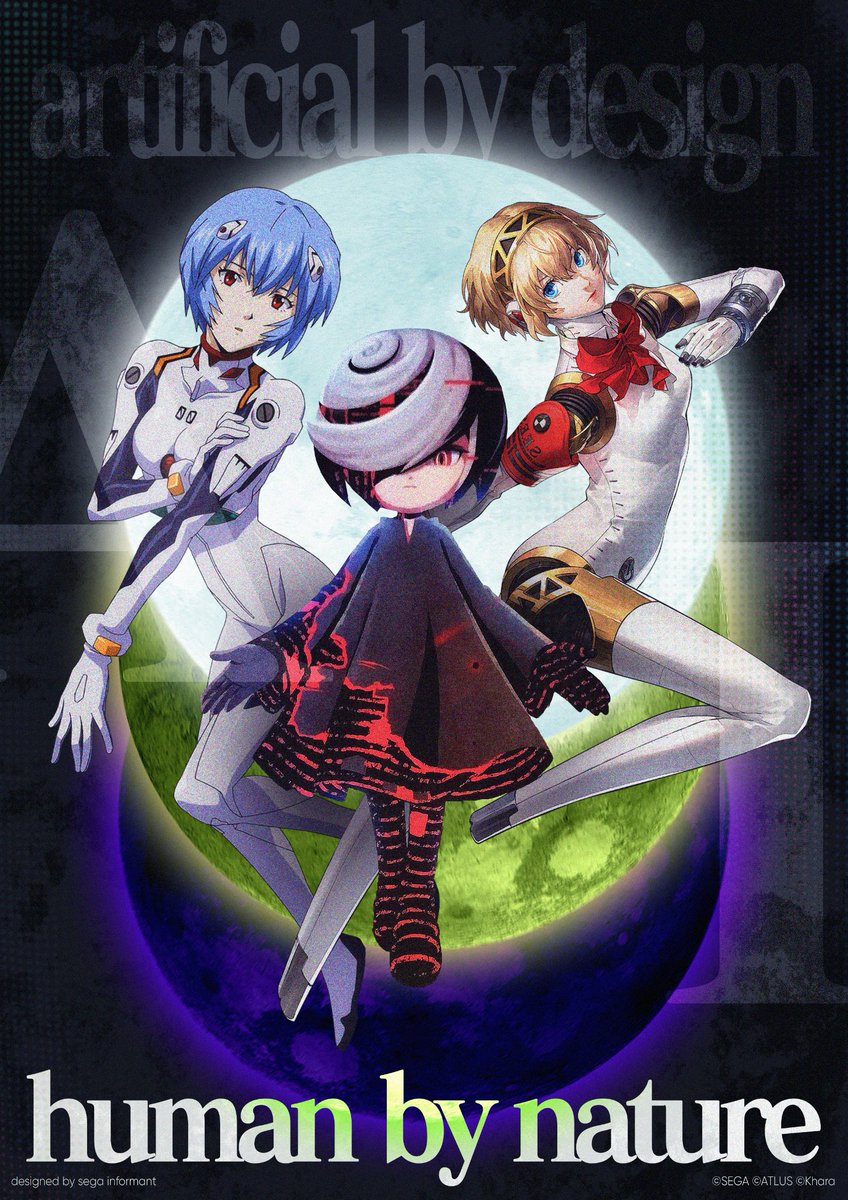 SEGAInforment's tweet photo. 【 ARTIFICAL BY DESIGN 】
【 HUMAN BY NATURE 】

Thank you for the overwhelming support on the REI/SAGE/AIGIS CROSSWORLDS poster from earlier this week. Enjoy this new graphic poster!

今週初めに公開した「レイ／セージ／アイギス クロスワールド」のポスターに対し、皆様から圧倒的なご支持をいただき、誠にありがとうございます。この新しいグラフィックポスターをぜひお楽しみください！

- #SonicTheHedgehog / #Persona / #Evangelion - 
- #ソニック / #p30th / #エヴァンゲリオン -