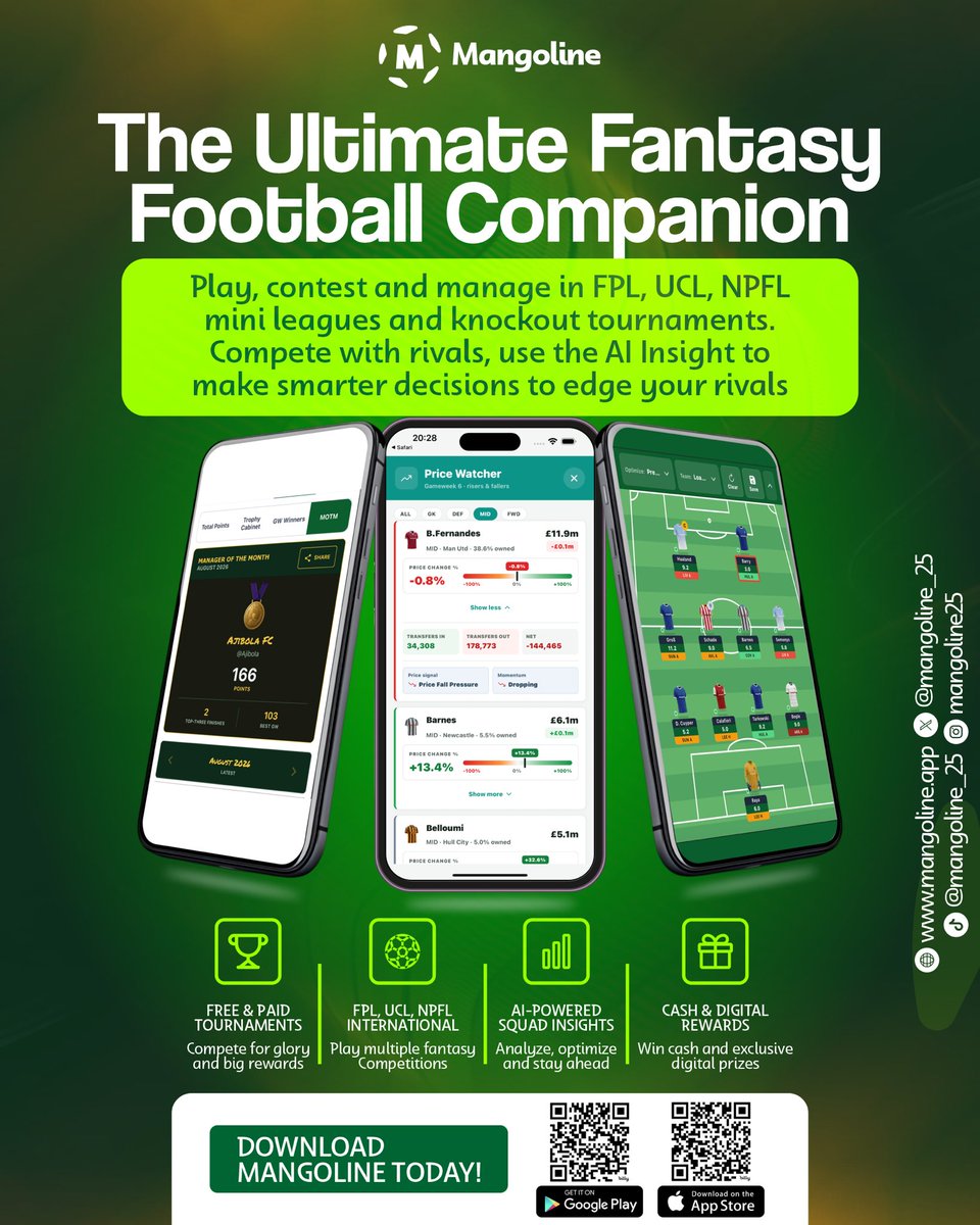 Mangoline_FF's tweet photo. 🚨 HISTORY IS BEING MADE FOR THE NPFL 🇳🇬

FPL•UCL•NPFL

Mangoline Haa launched Nigeria’s first dedicated NPFL Fantasy experience all powered by Mangoline.

This is not just another football fantasy game. This is the moment African and Nigerian football fans get their own platform.

Download Mangoline now. 📲
The NPFL just changed forever. 🇳🇬🔥
