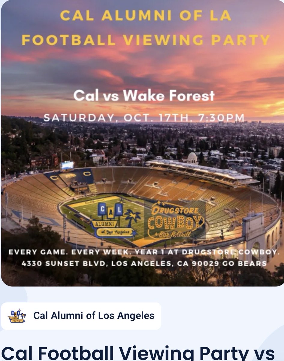 HCraigBlue's tweet photo. OK GOLDEN BEAR FANS

YES - WE ARE BUILDING THE PLANE AND LEARNING TO FLY IT AT THE SAME TIME

WE ARE 3 AND 3

IF YOU ARE NOT AT CSM

TONIGHT DATE NIGHT FOLKS 

@LOSFELIZ
#Silverlake
@westhollywood 
@atwaterVnow 
#EchoPark
@MyGlendale 
#Koreatown

IS HERE

@CALFOOTBALL vs WAKE FOREST
🕣 7:30 PM PT
Drugstore Cowboy 4330 W Sunset Blva, Los Angeles, CA 90029-2112, United States

@CalFootball 
@calfootballpr 
@CalAthletics
@CalAlumniLA