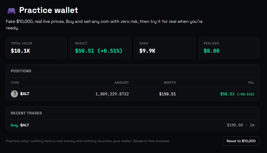 ChromaLaunch's tweet photo. New on Chroma: Practice mode 🎮

Trade any Solana coin with a fake $10,000 at real live prices. No wallet, no risk.

Open any coin → tap “Practice” → buy, sell, track your P&amp;L.

Learn the trenches before they learn you. https://t.co/5tfGMDoraA