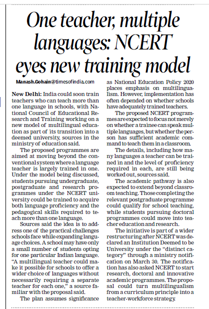 manashTOI's tweet photo. #SchoolEducation #TeacherTraining #Language #education
India could soon train #teachers who can teach more than one #language in schools, with #NCERT working on a new model of multilingual education as part of its transition into a deemed university, sources in the ministry of education said.
The proposed programmes are aimed at moving beyond the conventional system where a language teacher is largely trained in one.
Under the model being discussed, students pursuing undergraduate, postgraduate and #research programmes under the NCERT university could be trained to acquire both language proficiency and the pedagogical skills required to teach more than one language.
Sources said the idea is to address one of the practical challenges schools face while expanding language
choices. A #school may have only a small number of students opting for one particular Indian language.
“A #multilingual teacher could make it possible for schools to offer a wider choice of languages without
necessarily requiring a separate teacher for each one,” a source familiar with the proposal said.
The proposed NCERT programmes are expected to focus not merely on whether a trainee can speak multiple languages, but whether the person has sufficient academic command to teach them in a classroom.
The details, including how many languages a teacher can be trained in and the level of proficiency required in each, are still being worked out.
A @timesofindia report. The full report online👇
https://t.co/SuHK1A88MB
