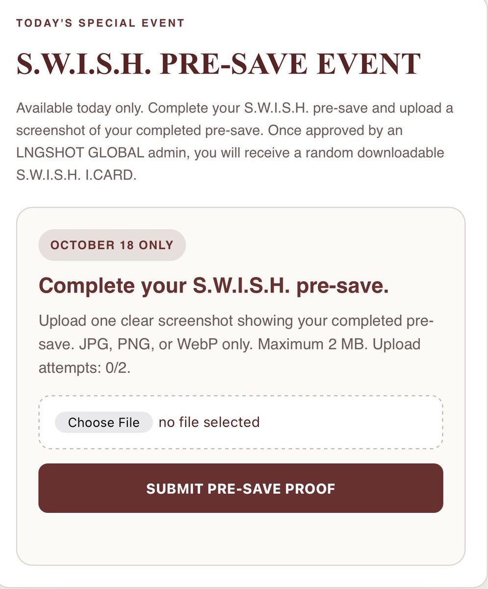 LNGSHOTGlobal's tweet photo. 🎧 HOW TO JOIN THE S.W.I.S.H. PRE-SAVE PARTY
1. Pre-save S.W.I.S.H.
2. Upload your proof — screenshot of your completed pre-save
3. Submit for verification and wait for admin approval
5. Get your random S.W.I.S.H. I.D. CARD!
6. Share your S.W.I.S.H. I.D. CARD and show us which one you got! Use #.SWISHYourWay and #.SWISHPreSaveParty