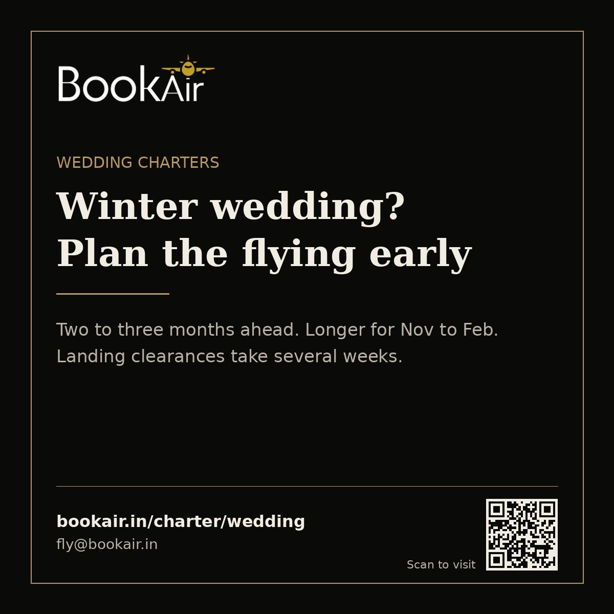 BookAir_in's tweet photo. Winter wedding with a helicopter baraat or guests flying in?

Plan the flying early. Two to three months' lead time, longer from November to February. Venue landing clearances alone take weeks.

https://t.co/fgbkDs7mSv

#BookAir #DestinationWedding #Helicopter https://t.co/tfpqKOSn5j