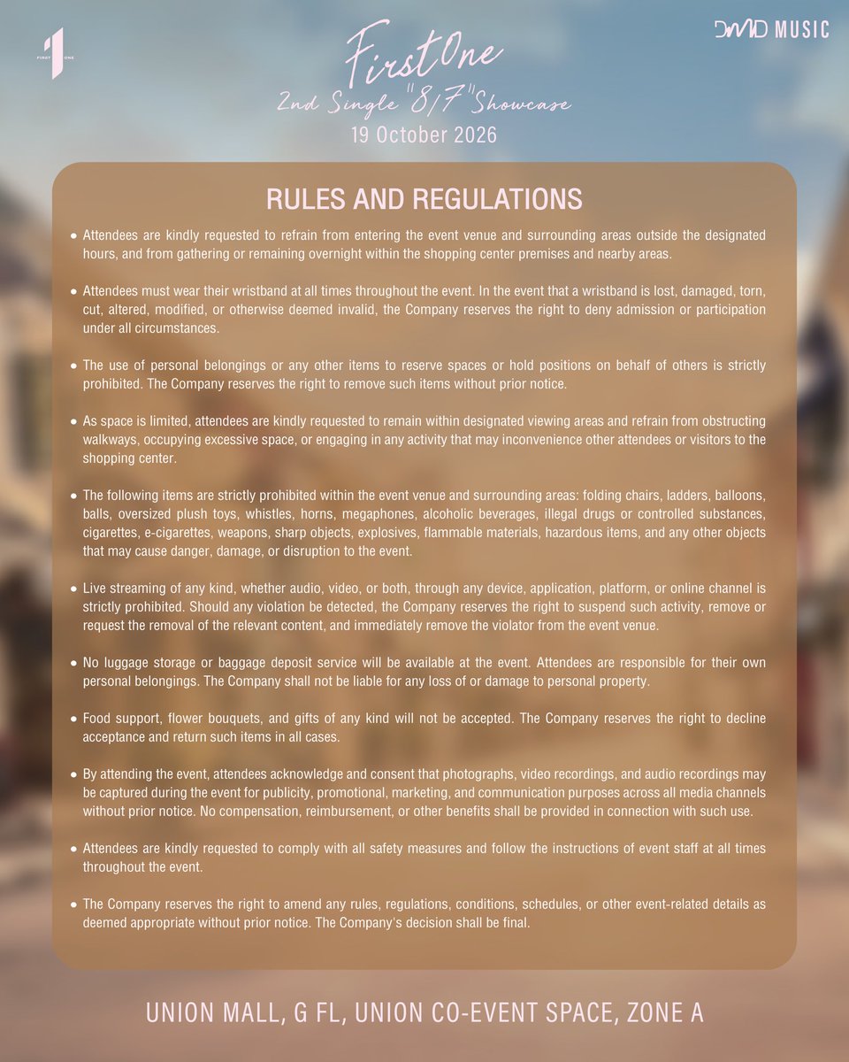 DMDMusicTH's tweet photo. 𝗙𝗜𝗥𝗦𝗧𝗢𝗡𝗘 𝟮𝗻𝗱 𝗦𝗜𝗡𝗚𝗟𝗘 𝟴/𝟳 𝗦𝗛𝗢𝗪𝗖𝗔𝗦𝗘

• EVENT AGENDA
• RULES AND REGULATIONS

🗓️ 19.10.2026 
⏰ 5 PM (GMT+7) 
📍 : UNION MALL G FL., UNION CO-EVENT SPACE ZONE A

#️⃣ : #.FirstOne2ndShowcaseDay

#8per7ByFirstOne
#FirstOne2ndSingle
#FirstOne @firstone_wnk 
#DMDMUSIC
