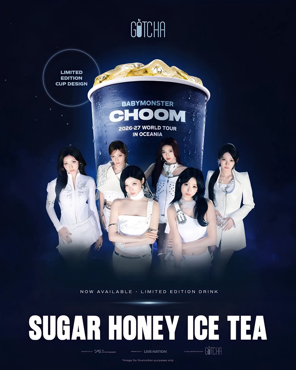 bm_eraa's tweet photo. 🍬🍯🧊 CHOOM IS COMING TO GOTCHA!
 
GOTCHA is celebrating the 2026-27 BABYMONSTER WORLD TOUR [춤 (CHOOM)] IN OCEANIA with a special collaboration! 😈🖤
 
✨ New SUGAR HONEY ICE TEA served in a special BABYMONSTER cup
✨ Limited edition Cup design
✨ Limited edition Paper bag
 
Your CHOOM experience starts at GOTCHA. For a limited time. 🏃‍♀️💨
 
#GOTCHA #BABYMONSTER #WORLD_TOUR #춤 #CHOOM @YGBABYMONSTER_