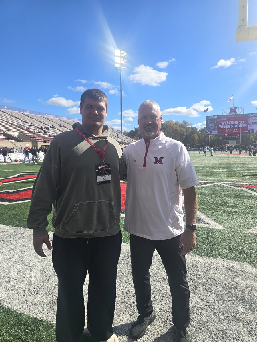 jacob_kooy's tweet photo. Huge thank you to @MiamiOHFootball for having me out again! I really appreciate @drew15martin , @Coachjpatton , and @Martin_Miami_HC for taking the time to talk to us. Congratulations to Coach Martin on win #150!! https://t.co/WJBdO2iGj5