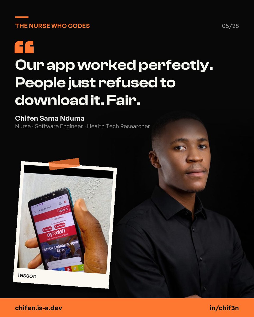 sama_chifen's tweet photo. Our app worked. People still wouldn't use it.

Ayodah died at the install screen. 📱💀

But the requests kept coming, to my personal WhatsApp. At 3 AM.

Build for the channel people already trust.

https://t.co/Y3z9u2jFRd https://t.co/dQ0u0kHkA2