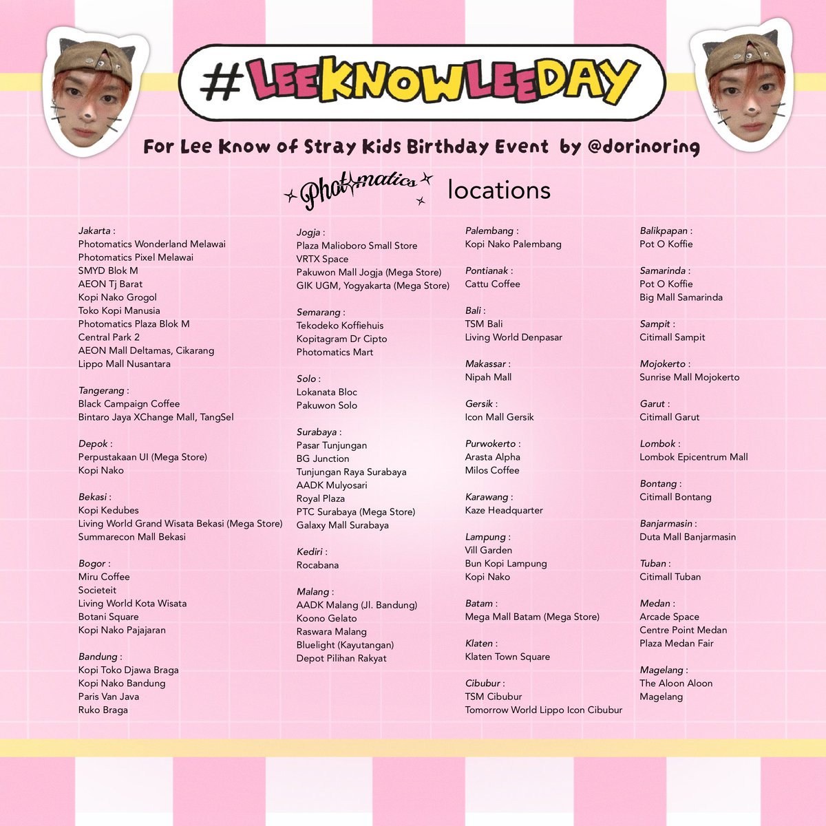 scbcakep's tweet photo. Lee Know Lee Day🐱🐰
🩷A Birthday Photo Frame Event for Lee Know of Stray Kids by @dorinoring🩷

📆 22-28 Oktober 2026
📍 Photomatics (locations on pic 2)

Please use hastag #LeeKnowLeeDay and tag (@dorinoring) after using this frame!

#StrayKids #리노 #LeeKnow https://t.co/LqM3GlNV3G