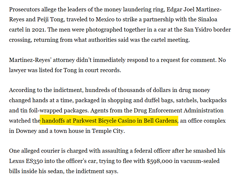 skepticaliblog's tweet photo. @matthewrquan 🎯In fact, the DEA discovered that the Bicycle Casino was one location used by the Sinaloa Cartel for handoffs to their Chinese money launderers

And an unidentified Chinese national laundered $100 million over 6 months in the casino; the casino then paid off a certain corrupt AG https://t.co/lIYlyG8Pg7