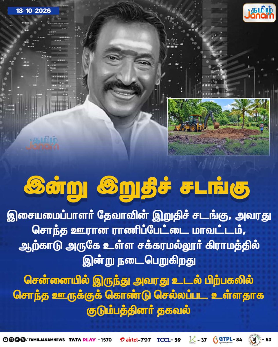 TamilJanamNews's tweet photo. இன்று இறுதிச் சடங்கு

#tamiljanam | #MusicDirectorDeva | #Deva | #DevaFuneral | #DevaLastRites | #devarip | #newsupdate https://t.co/4McvL7QeZe
