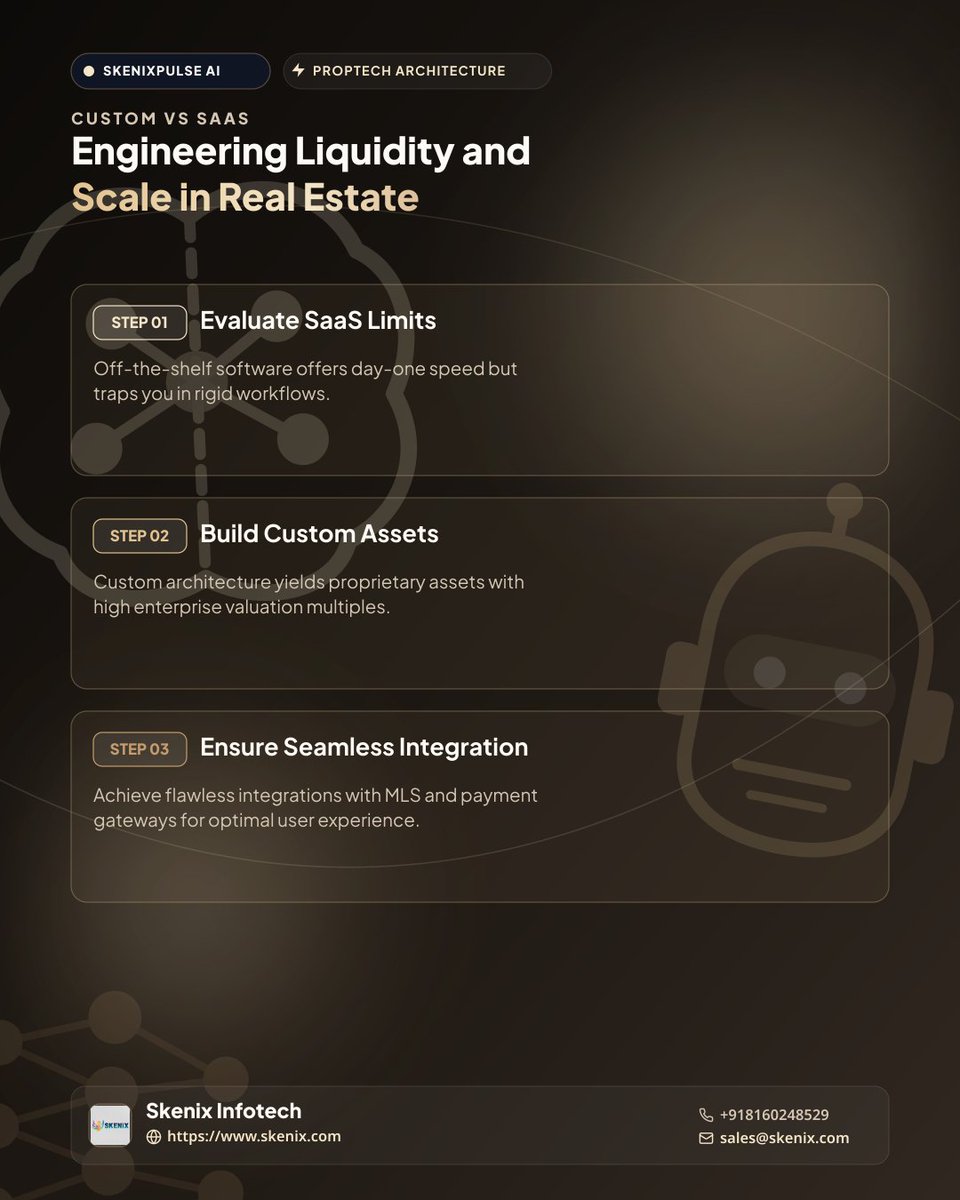 SkenixInfotech's tweet photo. Off-the-shelf PropTech SaaS traps you in rigid workflows as you scale. Custom web apps require upfront capital but deliver proprietary equity, flawless MLS integrations, and enterprise security. Build for long-term ROI. #PropTech #SoftwareDev https://t.co/b6FaxzFy7c