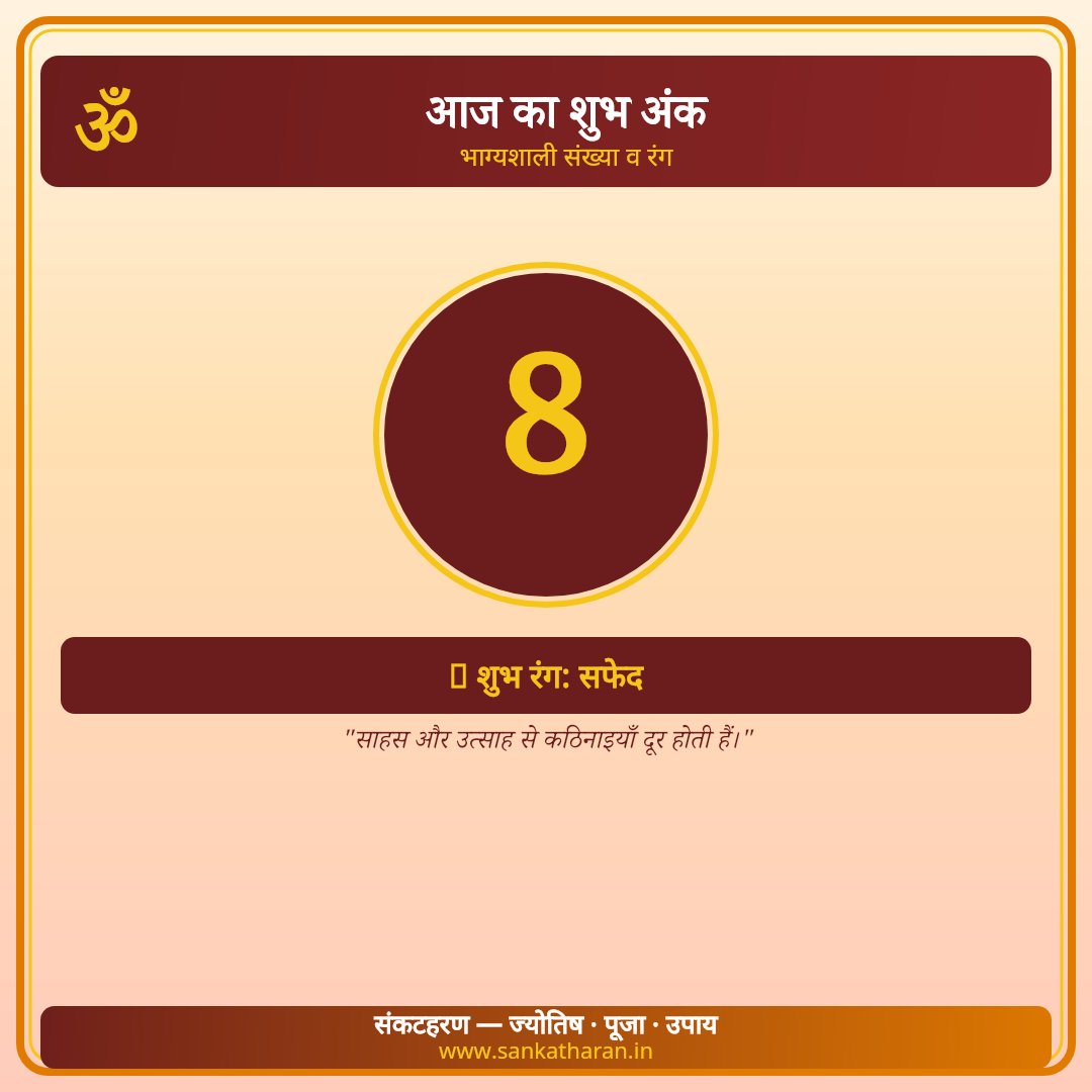 sankatharanIN's tweet photo. 🍀 आज का शुभ अंक: 8
🎨 शुभ रंग: सफेद
💫 साहस और उत्साह से कठिनाइयाँ दूर होती हैं।

🌐 https://t.co/GYBcIQcg2z
#शुभअंक #LuckyNumber #ज्योतिष #DailyLuck #Sankatharan https://t.co/kULuE8I2vD