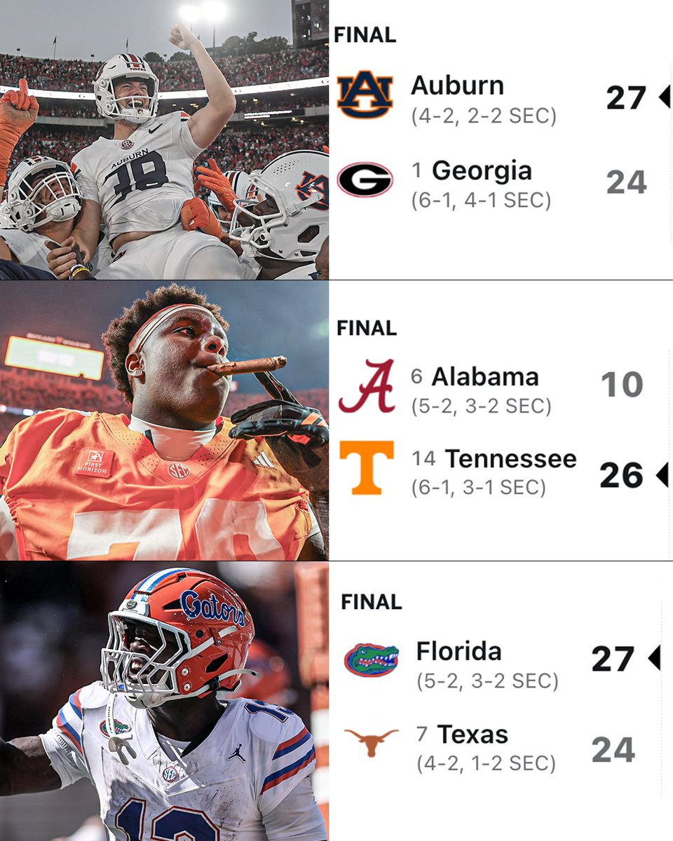 SECNetwork's tweet photo. UPSET SATURDAY IN THE SEC 🚨 https://t.co/z0roDaSAlt