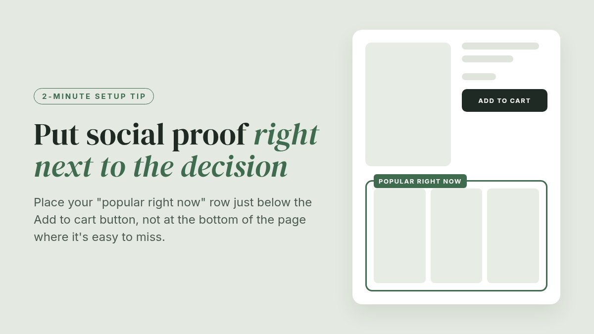 lucdkny's tweet photo. Put social proof right next to the decision.

Place your "popular right now" row just below the Add to cart button — not at the bottom of the page where it's easy to miss.

Two minutes. One placement. Shoppers see it when they're deciding. https://t.co/3dLQEg6Q6C