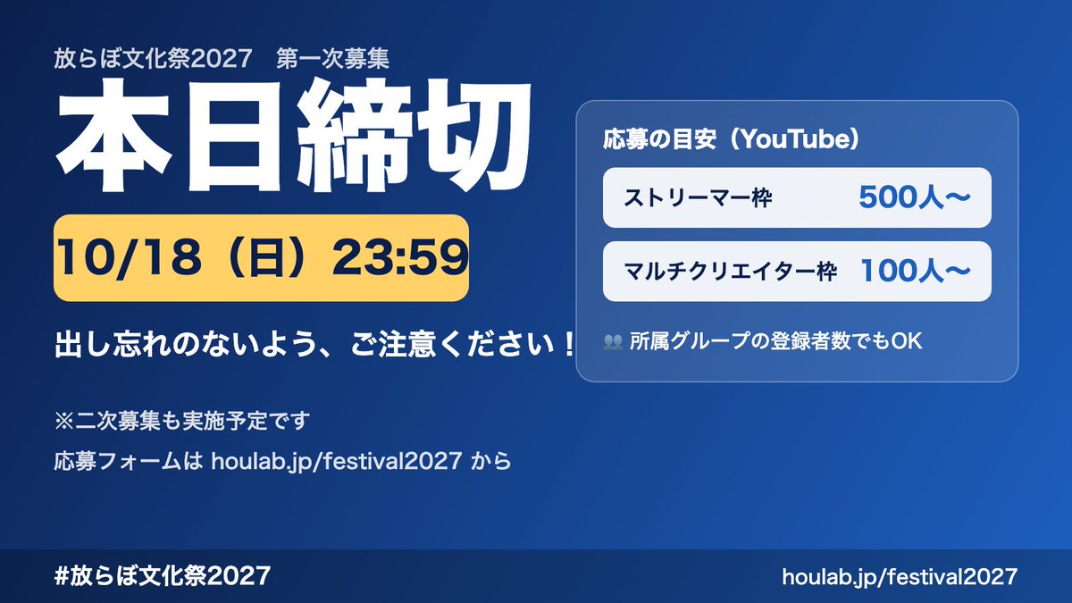 HouLaboratory's tweet photo. 【本日締切】放らぼ文化祭2027 第一次募集

第一次募集の応募締切は、本日23:59です⏰
ご検討中の方は、出し忘れのないようご注意ください！

📺 ストリ���マー枠：YouTube登録者500人〜
🎨 マルチクリエイター枠：100人〜（配信・動画投稿＋創作スキル）
👥 所属グループの登録者数でもOK

※二次募集も実施予定です
#放らぼ文化祭2027 
https://t.co/AnGEtJjl2E