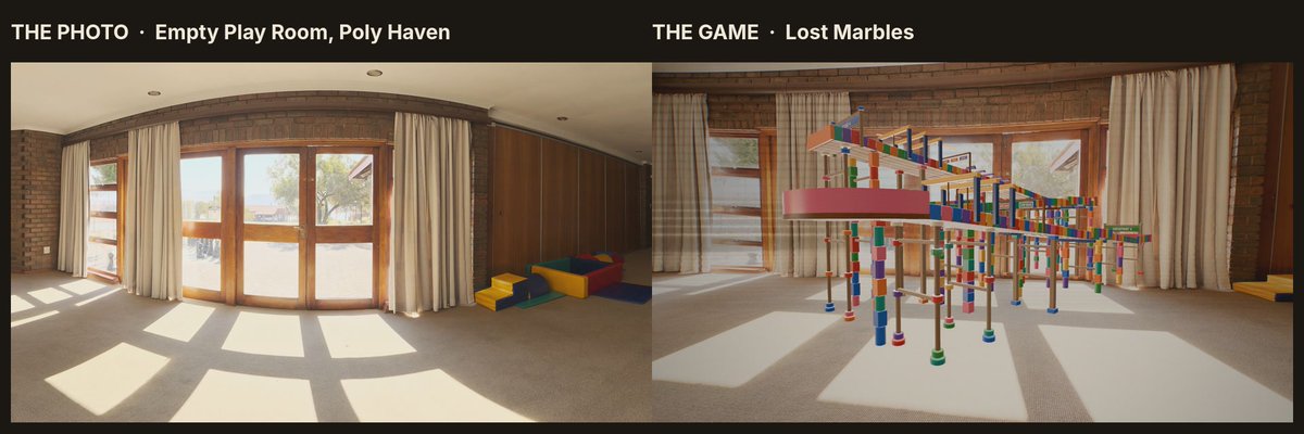 MeticulAi's tweet photo. Lost Marbles is lit by one HDRI from @polyhaven 

It's a 6k 360° photo of a real room. The game wraps it around the scene as a dome and flattens the bottom onto the floor, so the course stands on the photo's carpet https://t.co/oNC5337ppv
