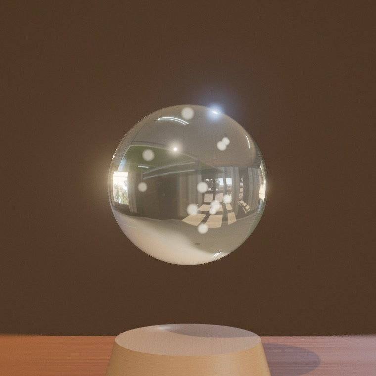 MeticulAi's tweet photo. The marbles are glass with an index of refraction of 1.5. Each view ray bends into the sphere, passes through the pattern inside, and bends again on the way out, picking up the room behind it upside down

The outside reflects the HDRI too, more strongly at the edges https://t.co/3JgSjuVxh7
