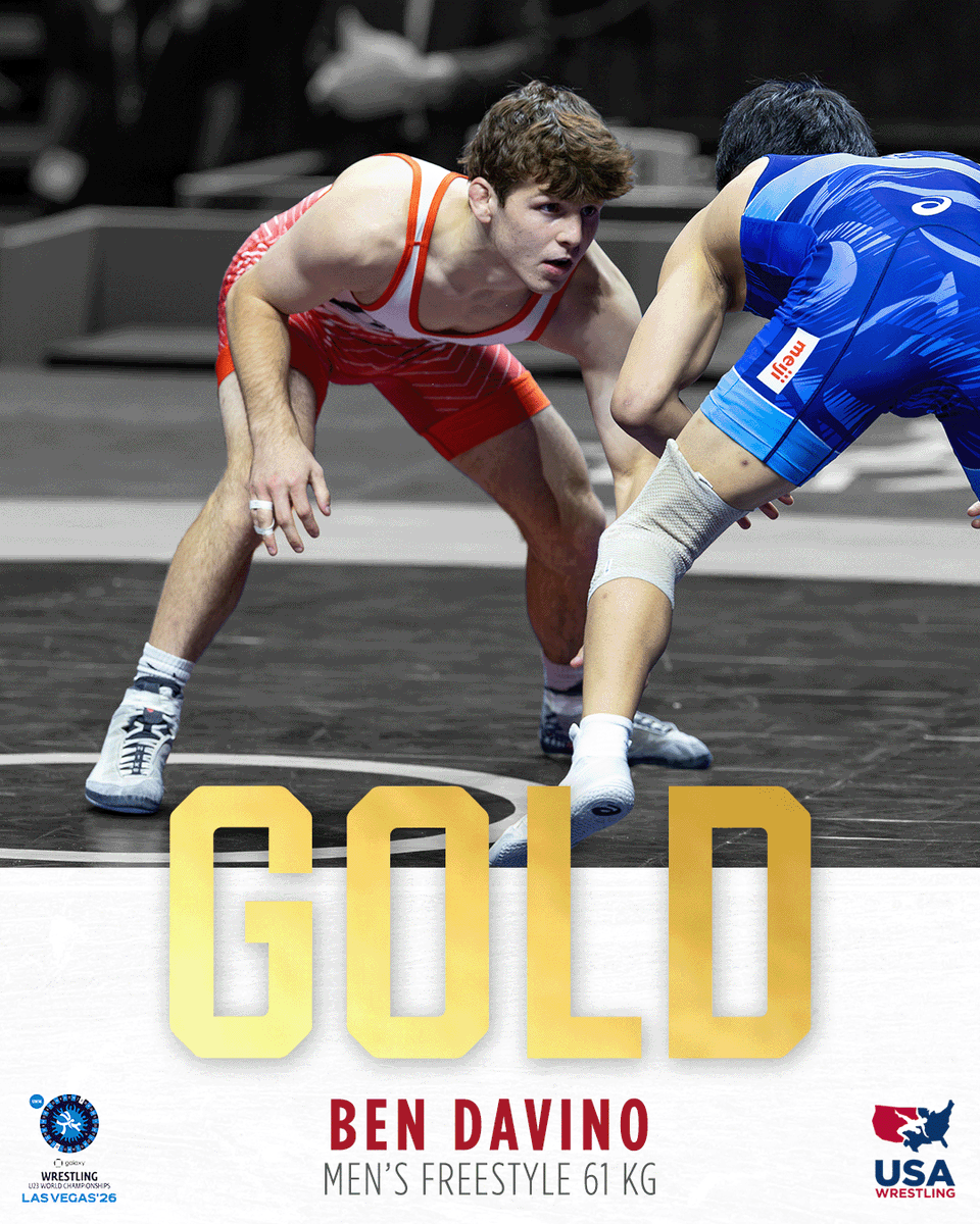 USAWrestling's tweet photo. @FloWrestling MFS 61 kg Gold – Benjamin Davino 🇺🇸 dec. Iukhan Dokturbek Uulu 🇰🇬, 4-1 #WrestleLasVegas https://t.co/3sOzQ6FqE5