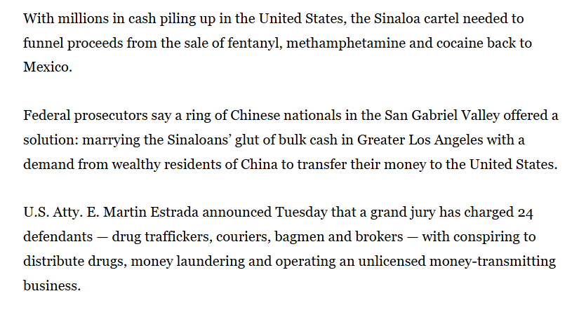 skepticaliblog's tweet photo. A small selection of just some of the recent high-profile incidents to illustrate that SoCal/San Gabriel Valley is the financial engine of the joint CCP-cartel fentanyl epidemic

📍 Arcadia: CCP mayor
📍 Temple City: Chinese drug money laundering
📍 Irvine: Chinese money laundering/Sinaloa Cartel
📍 Bell Gardens & Downey: Chinese drug money laundering
📍 Rowland Heights & Diamond Bar: two CA safe houses used by key cartel money launderer Zhi Dong Zhang (Sinaloa + CJNG)

The vast number of Chinese students in the US are part of the machinery: a large (270k) ready-made money mule network to break down transactions to smaller amounts, with some of the drug proceeds even laundered into US tuition

California real estate is another key avenue (CA is the most favored destination for Chinese buyers, 70% of whom pay all cash)

Wanying Zhang's background (USC student turned realtor) notably involved both of these avenues