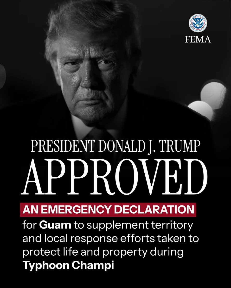FEMA_Cam's tweet photo. @POTUS has swiftly approved emergency declarations to support Guam &amp; CNMI's response to #Champi. As the territories respond in affected communities, @fema will supplement their emergency efforts by funding 75% of eligible costs.
🔗https://t.co/e88ws4eegx
🔗https://t.co/WDladCRjPg https://t.co/K0pkavrxwJ