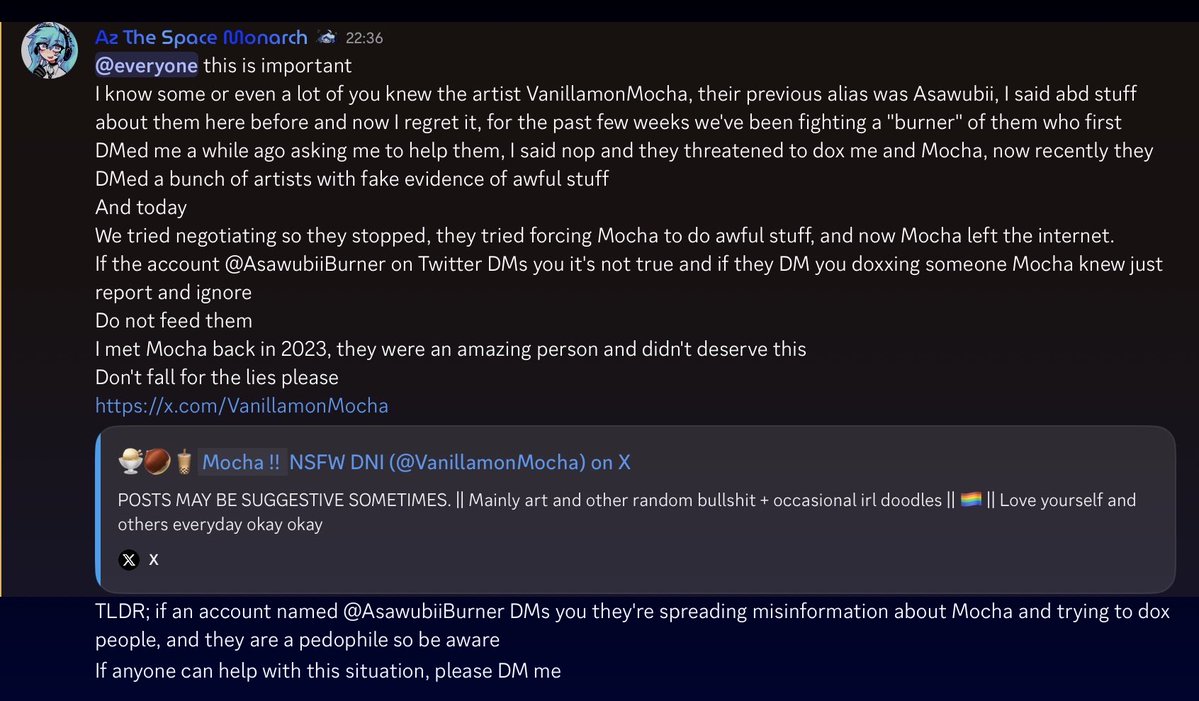 AzTheAzure's tweet photo. THIS IS A SERIOUS SITUATION
PEOPLE ARE IN DANGER
If you know any way to help please do
Just don’t believe anything the burner says!

Justice for Mocha https://t.co/Tf4RnYwBDV