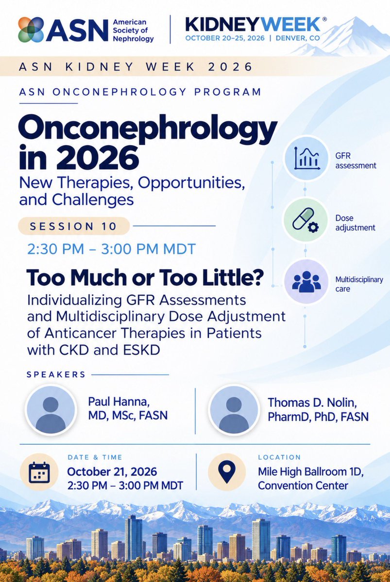 onconephsociety's tweet photo. How much kidney function is enough for the right dose? 

This session by @PaulHannaMD and Thomas Nolin looks at individualising GFR assessment and multidisciplinary dose adjustment of anticancer therapies in CKD and ESKD.

@rc_oncneph @onconeph @SheronLatcha @ShrutiGkidney https://t.co/iO66VPt8Zf