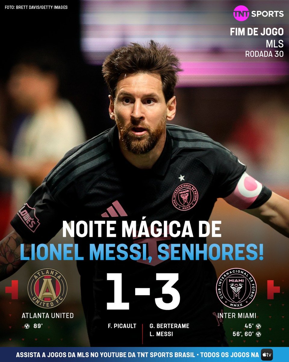TNTSportsBR's tweet photo. UMA ATUAÇÃO DE GALA DE MESSI E CIA! 🤵🏻👽 O Inter Miami venceu o Atlanta United, com direito a dois golaços do ET e duas assistências do Suárez! Simplesmente uma noite mágica. #MLSnaTNTSports https://t.co/o4JjKpagCS