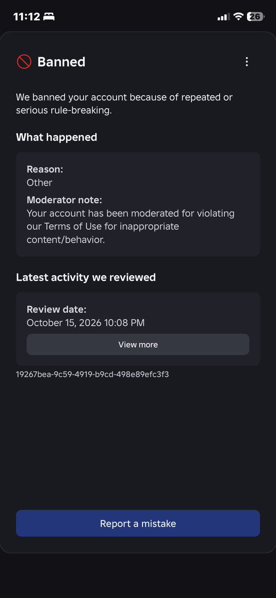 Xiooooop9xz's tweet photo. My account has been banned since 10/15/26 10pm, for inappropriate content/behavior, but what really confused it i didn’t get any reason exactly why I was banned, I tried to contact support but haven’t heard back from them since.
User: xxxhotmyesiaxxx
User id: 606797744
@Roblox https://t.co/GIGKbr7uvx