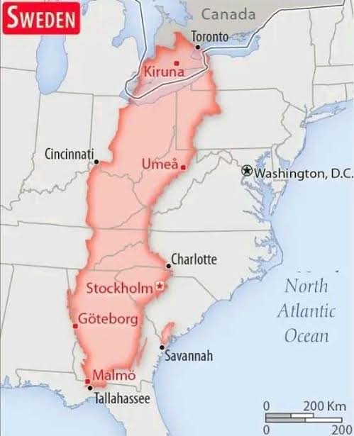 ChadChrist84287's tweet photo. Map of Sweden over US https://t.co/9mXOmJgsp6