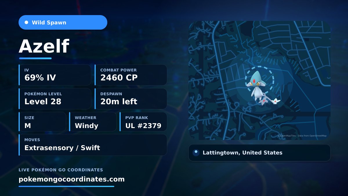 CoordsPokemonGo's tweet photo. Legendary #Azelf Wild Spawn
69% IV • 2460 WP • Level 28 • Size M
Moves: Extrasensory/Swift
Weather: Windy
🇺🇸 Lattingtown, United States
Despawns in 20 minutes
40.900666,-73.577770

#LakeTrio • #PoGo https://t.co/0RAHQncWhC