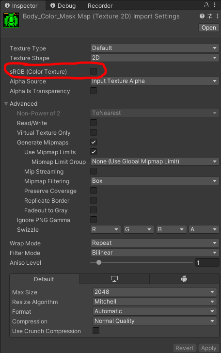 RIMIX_VRC's tweet photo. #unity
#3DCG
#VRChat
#tips
Boothの各アバター・モデラー様方ァッッッ！！！！！！！！

「「マスクテクスチャとノーマルマップテクスチャのsRGBのチェックは外せ～～～～～ッ！！！！！」」

サブスタと色味違うな～って思ったら大体ここだから！！！！！！！！！
今一度確認をッッッッ！！！！！ https://t.co/cFxZ07cDK2