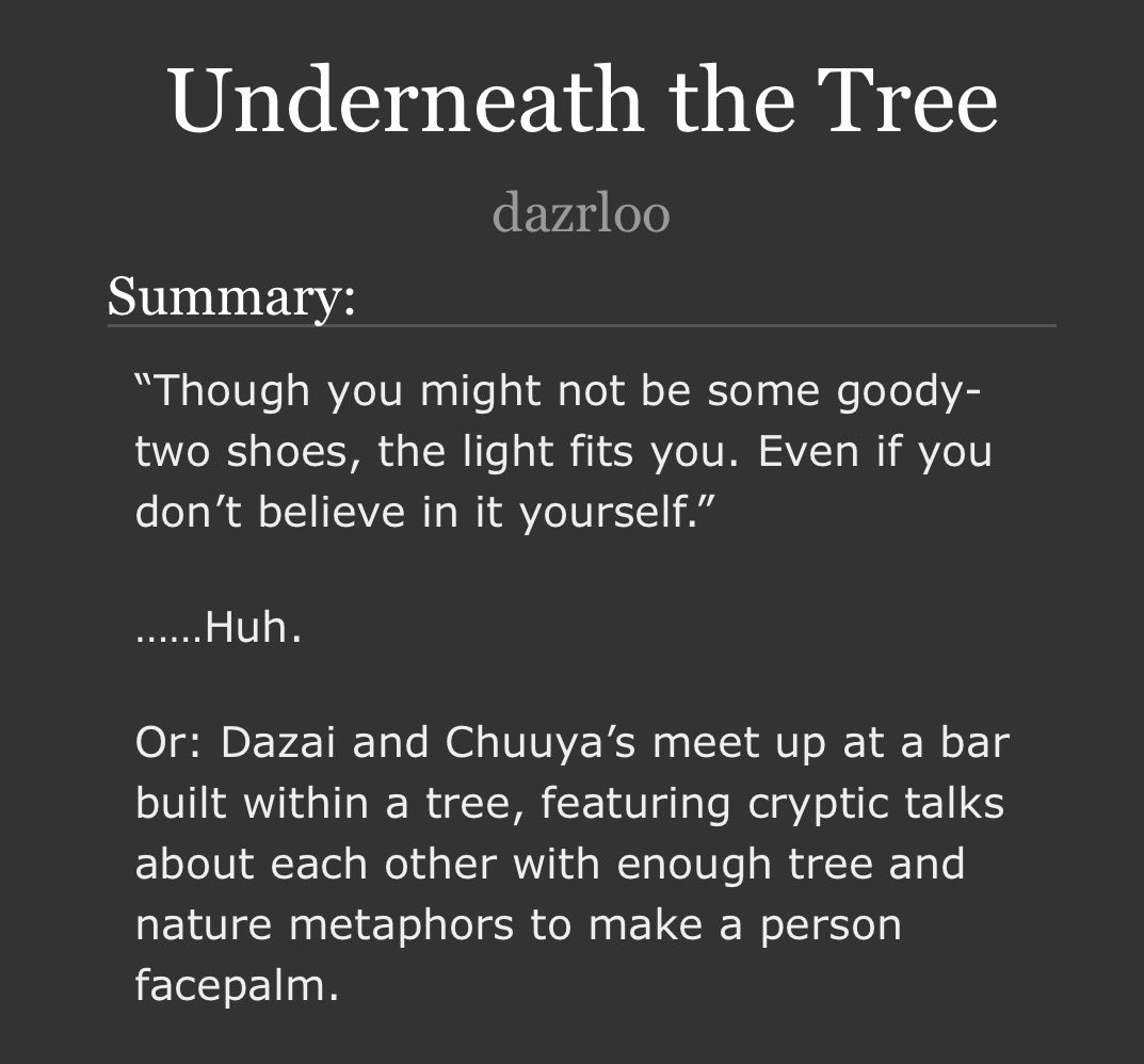 dazrloo's tweet photo. https://t.co/J8Ml1bQUHs

skk fic after a year!!

Word count: 6,185 oneshot
Includes: skk talk about tree and nature metaphors to the point they look stupid (but they know what the other person is talking about)

#chuuya #chuuyanakahara #dazai #skk #soukoku #ao3 #Fanfiction https://t.co/MMtMv6aNhe