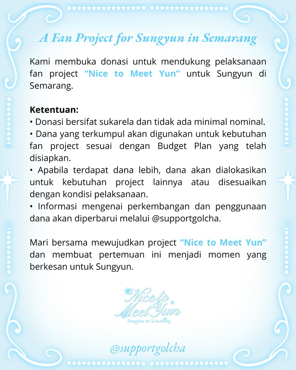 supportgolcha's tweet photo. PROJECT FUNDRAISING [NICE TO MEET YUN]

supportgolcha membuka donasi untuk menyambut Choi Sungyun di Semarang. Setiap dukunganmu akan membantu mewujudkan project ini!

🔗 Donation Form: [https://t.co/jeffbYBM3Q]

#최성윤 #CHOISUNGYUN #Y https://t.co/bSRjvUwNlf