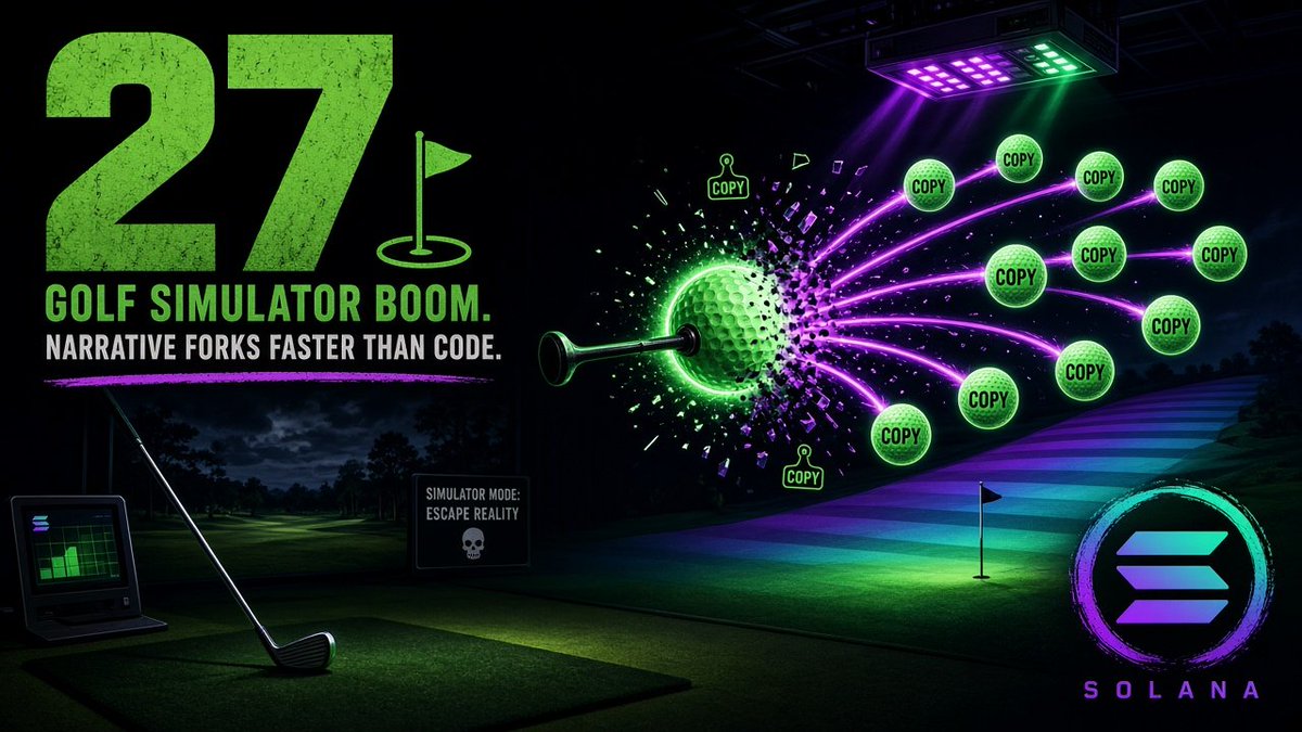 Dev_Great_dev's tweet photo. Solana narratives today: golf simulator boom.

27 copies launched.
~$8M volume chasing one joke.

builders know the pattern—
first mint ships the meme,
next 26 ship the same metadata with a different address.

so when you ape a "sim" coin, what are you underwriting:
the culture, or just the next mint?