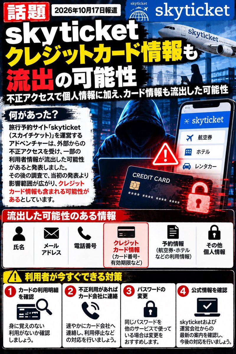 sngsn2939's tweet photo. 【skyticket、クレカ情報も流出】
当初は「カード情報の流出なし」と発表していましたが、その後の調査で最大6,140人分の流出が判明。
過去の決済記録がサーバーに残っていたことも気になります。
利用経験がある方は、対象期間とカード明細の確認を。
#skyticket #情報漏洩 #不正アクセス #セキュリティ