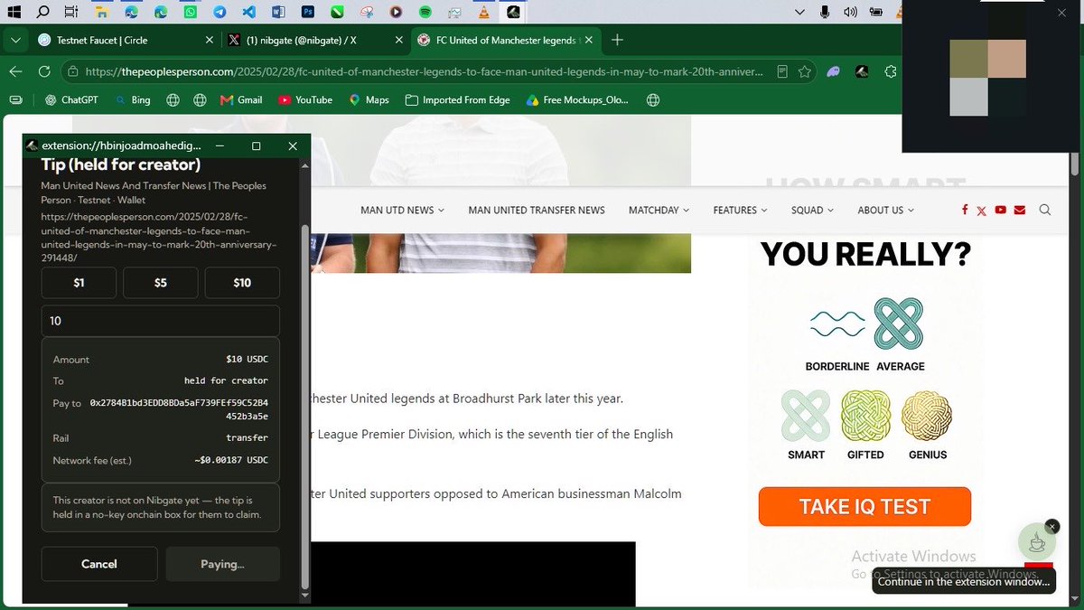 nibgate's tweet photo. We’ve been onboarding people to try the Nibgate extension + tipping flow.
Tip USDC to any page on the open web (even if the creator isn’t on Nibgate yet). Tips get held on-chain for them to claim, or settle instantly once they do.
A few of the sessions we’ve done 👇

@Prosper_in_Defi was able to send a tip on @arc testnet to his favourite Manchester United news blog. 🙌