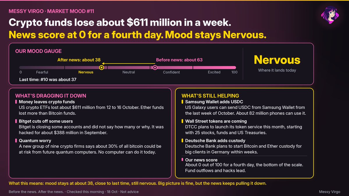 MessyVirgoCoin's tweet photo. Market Mood #11 · Sun 18 Oct
Crypto funds lose about $611 million in a week. The news score is 0 for the fourth day. Mood stays Nervous.

Our mood gauge (0 to 100): about 63 before news, about 38 after. That reads as nervous.
Last time (#10): about 37.

Dragging it down:
· US crypto ETFs lost about $611 million from 12 to 16 October. Ether funds lost more than Bitcoin funds.
· Bitget is closing some accounts and did not say how many or why. It was hacked for about $388 million in September.
· A new group of nine crypto firms says about 30% of all bitcoin could be at risk from future quantum computers. No computer can do it today.

Still helping:
· US Galaxy users can send USDC from Samsung Wallet starting the last week of October. About 82 million phones can use it.
· DTCC plans to launch its token service this month, starting with 25 stocks, funds and US Treasuries.
· Deutsche Bank plans to start Bitcoin and Ether custody for big clients in Germany within weeks.

Our news score is about 0 out of 100 for a fourth day, the bottom of the scale. Fund outflows and hacks lead.
What this means: mood stays at about 38, close to last time, still nervous. The big picture is fine, but the news keeps pulling it down.

Where would you put the needle today, 0 to 100?

Before the news. After the news. #MessyMood
Checked this morning · Not advice.