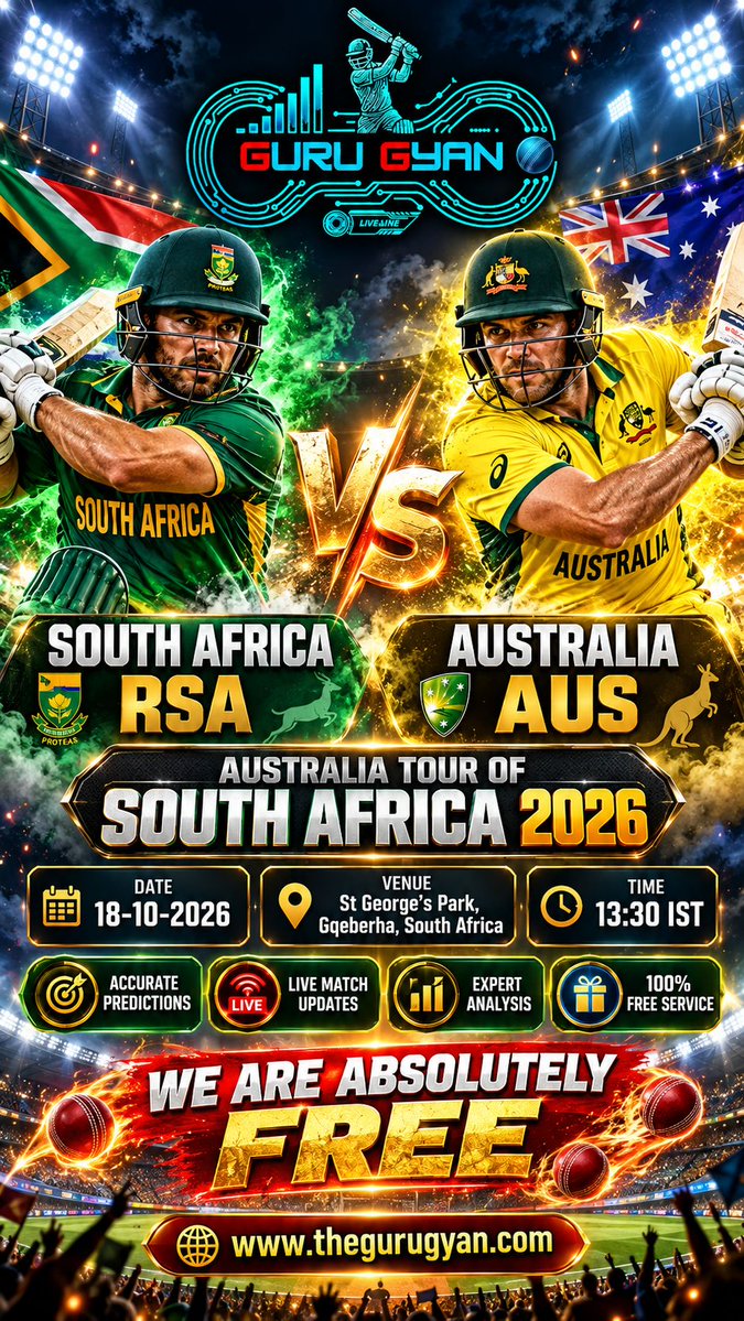 TheGuruGyanAI's tweet photo. Get Ready for #AustraliaTourOfSouthAfrica2026 Match
#SouthAfrica vs #Australia
TODAY at 13:30
Live Score & FREE Predictions:
https://t.co/TOFTCP925N
#TheGuruGyan #LiveLine #FreeCricketPredictions #RSA #AUS
Read full article: https://t.co/TOFTCP925N https://t.co/2tX56Dff3o