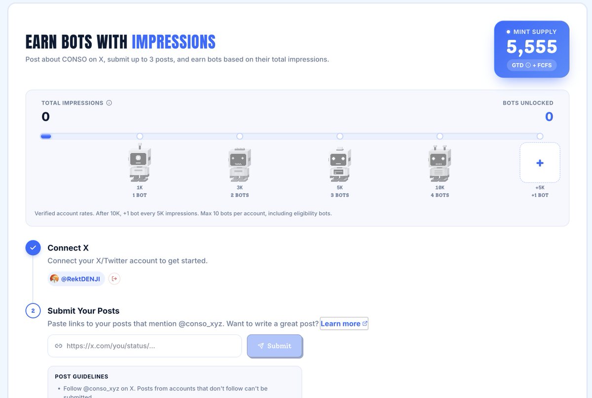 RektDENJI's tweet photo. CONSO Just Dropped Their First NFT Series - Free Mint, 5,555 Bots, and It’s Actually Useful

If you’re deep in AI tools and tired of your prompt history, token burn, and model usage being scattered everywhere, CONSO (@conso_xyz) is building something that might actually fix that.

They’re positioning themselves as a reputation layer for AI users. The idea is simple: instead of your usage data living in random tabs across ChatGPT, Claude, Midjourney, or whatever else you’re rotating, CONSO tracks it in one place. That includes:

- Prompt usage  
- Token consumption  
- Model calls  
- Estimated costs  
- Prompt quality scores  

Basically, it turns your messy AI activity into a clean, personal record. Think of it as a credit score, but for how you actually use AI.

The Current Play: CONSO Bots
They just opened eligibility checks for their first NFT collection - CONSO Bots.

- Supply: 5,555  
- Mint price: Free

The twist is that you’re not just clicking a button and minting. You’re earning bots based on organic impressions from posts about the project. Post about CONSO (Extension, Miner, Bots, or your real experience using it), rack up views the legit way, and unlock more bots. Higher impressions = more bots, with a hard cap per account.

How to Check & Participate
1. Go to their site and connect your X account  
2. Check if you’re eligible  
3. Follow @conso_xyz  
4. Drop an original tweet mentioning them (content about CONSO stuff or your actual usage)  
5. Submit the tweet link for review  

Important rules (they’re enforcing these):
- Only posts after October 16 count  
- No copy-paste, no AI-generated spam, no off-topic “just tagging them” posts  
- Impressions have to be organic - no buying views or engagement pods  
- Don’t make up rewards or token prices  

If your post gets approved, you get confirmed for the bots. It’s free, so there’s basically zero downside to checking eligibility first.

This is still early, and it’s very much in the “post and earn” phase right now. Whether CONSO ends up being a solid AI data layer or just another temporary farm remains to be seen, but the core idea (aggregating your AI usage into something ownable) is one of the cleaner concepts floating around in the AI + crypto overlap lately.

Worth checking the site and seeing if you qualify. Free mint with actual utility attached is rare enough that it’s worth the 2 minutes.