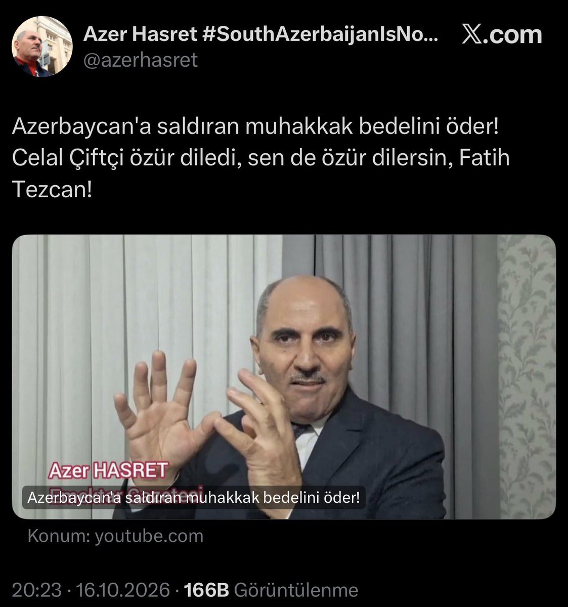 elifideali's tweet photo. 🔴 Gazeteci Fatih Tezcan:

“Aliyev’den özür dileyecekmişim. 

Yoksa bedel ödeyecekmişim. 

Bu ruh hastası kukla şarlatan öyle söylüyor.” https://t.co/PQb8exqcSd