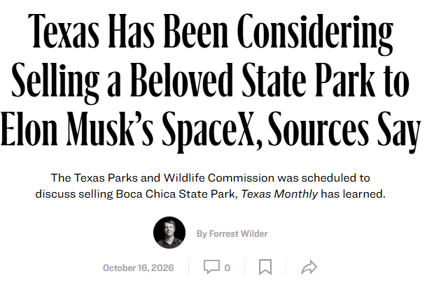 LaikenJordahl's tweet photo. Elon Musk’s SpaceX is ravenously taking over some of Texas’ most beloved public lands. New reporting from @Forrest4Trees reveals the company’s complete disregard for Boca Chica State Park: they want to privatize the entire park. Like the attempted transfer of Yosemite land to a private equity firm, this is another assault on protected public lands that could be lost forever just to enrich billionaires.