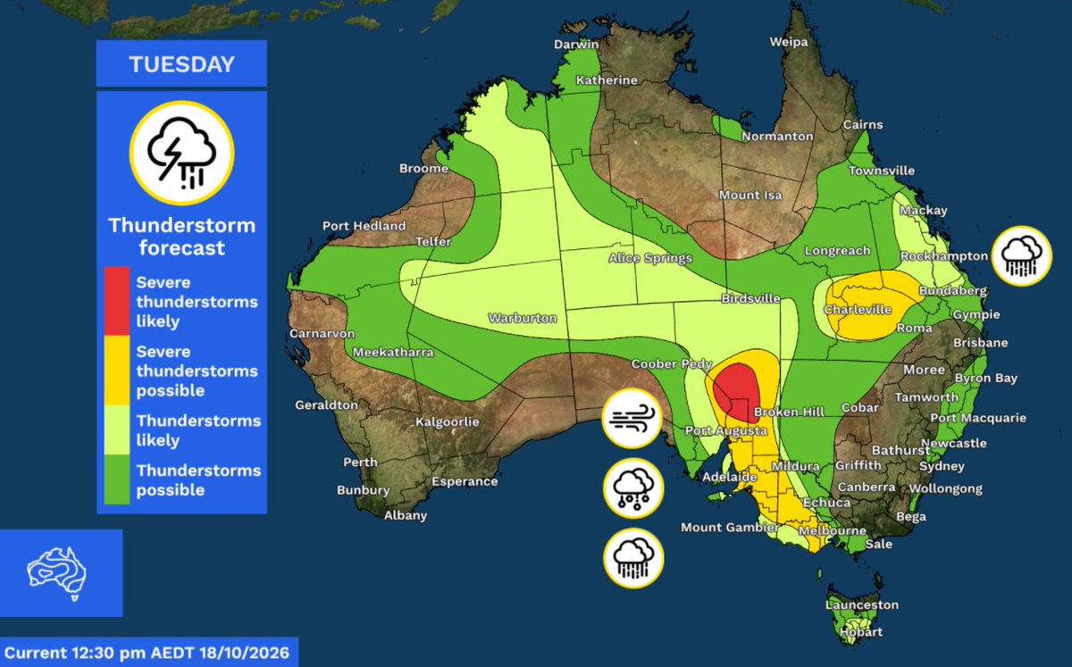 BOM_au's tweet photo. Thunderstorms will continue to impact much of #Aus over the coming days.
#SevereThunderstorms are possible.
Southern inland #Qld is expected to receive the highest rainfall totals.
Latest forecasts and warnings: https://t.co/sHAeAP8PtC https://t.co/k3tSpP013G