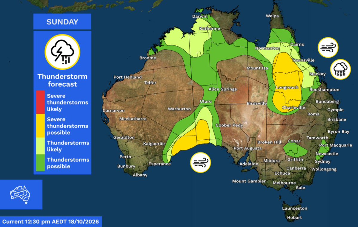 BOM_au's tweet photo. Thunderstorms will continue to impact much of #Aus over the coming days.
#SevereThunderstorms are possible.
Southern inland #Qld is expected to receive the highest rainfall totals.
Latest forecasts and warnings: https://t.co/sHAeAP8PtC https://t.co/k3tSpP013G