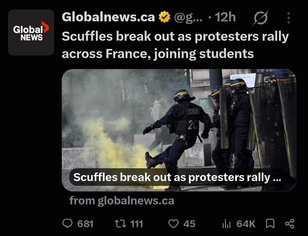 Patyksnavolk's tweet photo. France burns and is tearing itself apart and Global News calls it
"SCUFFLES"

MSM is truly unbelivible! https://t.co/svR9EIQTzP