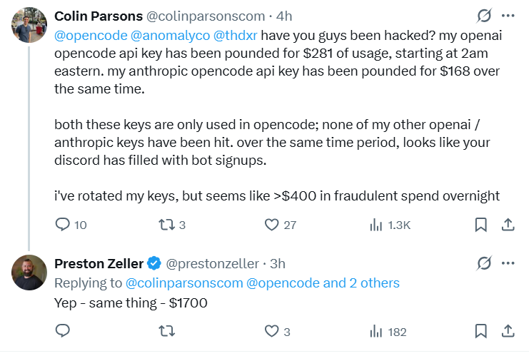 NoHypeGuy's tweet photo. Uggh 😣

OpenCode was hacked and API's were compromised. Good folks over there at OpenCode, but this is the reason I run with my own custom architecture. 

My keys are local, behind several layers of security. https://t.co/3qNnpK7okC