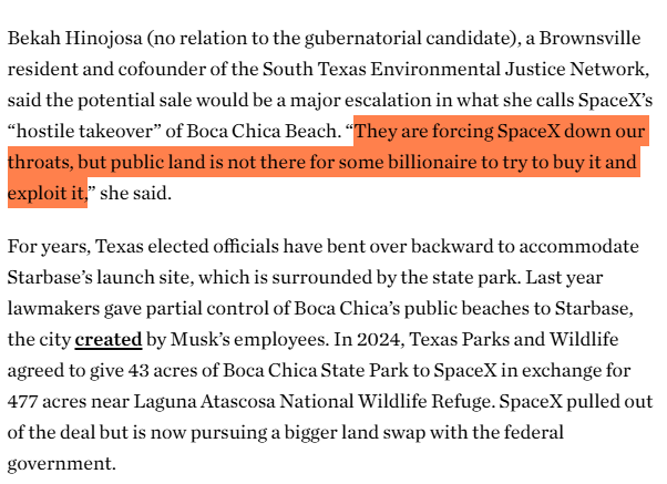 LaikenJordahl's tweet photo. Elon Musk’s SpaceX is ravenously taking over some of Texas’ most beloved public lands. New reporting from @Forrest4Trees reveals the company’s complete disregard for Boca Chica State Park: they want to privatize the entire park. Like the attempted transfer of Yosemite land to a private equity firm, this is another assault on protected public lands that could be lost forever just to enrich billionaires.