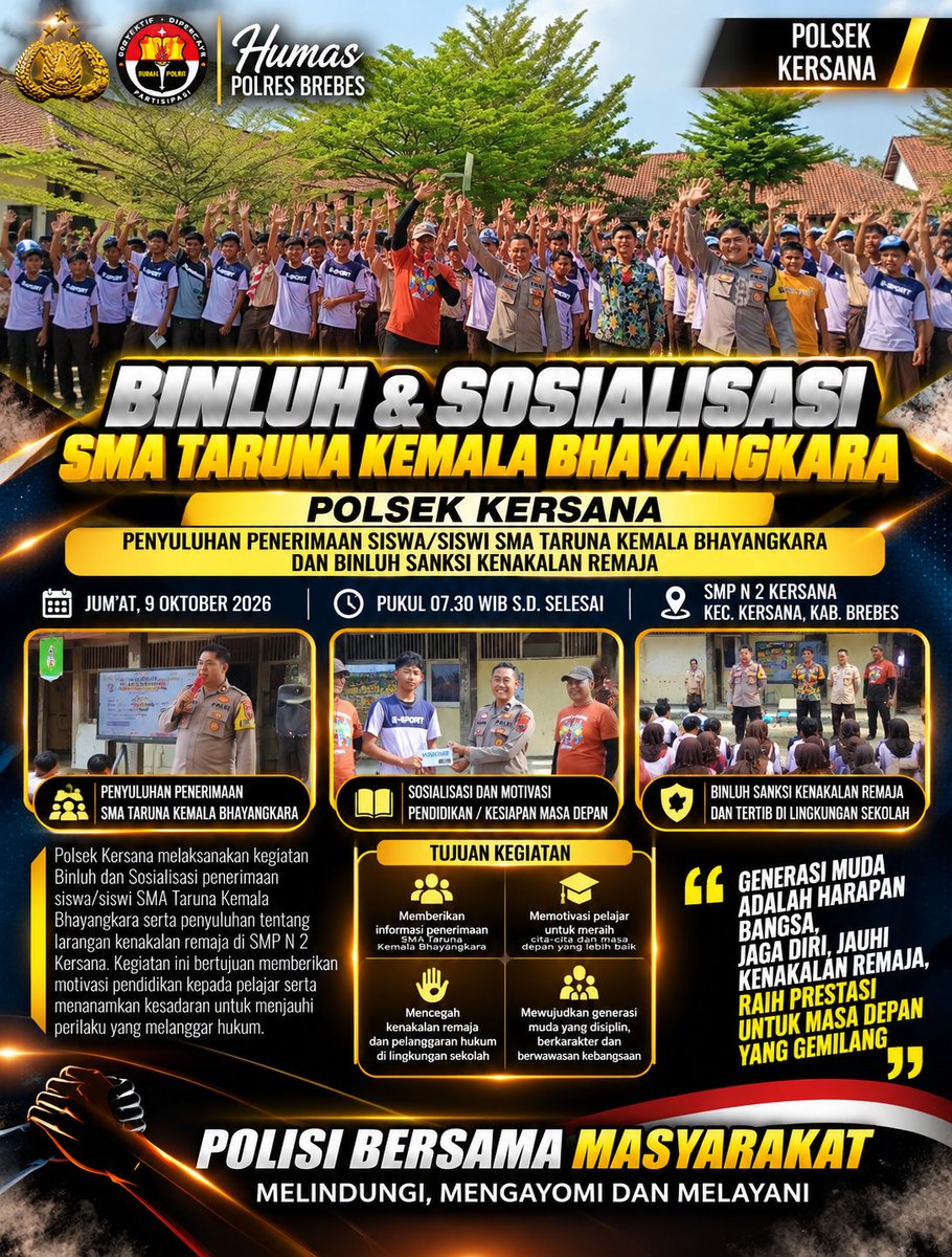 polisi_brebes's tweet photo. Polsek Kersana melaksanakan kegiatan bimbingan dan penyuluhan (Binluh) serta sosialisasi penerimaan siswa/siswi SMA Taruna Kemala Bhayangkara di SMP Negeri 2 Kersana. 

#PolresBrebes #PolsekKersana #SMA TarunaKemalaBhayangkara #CegahKenakalanRemaja #PolisiBersamaMasyarakat https://t.co/XbnEGjtzmI