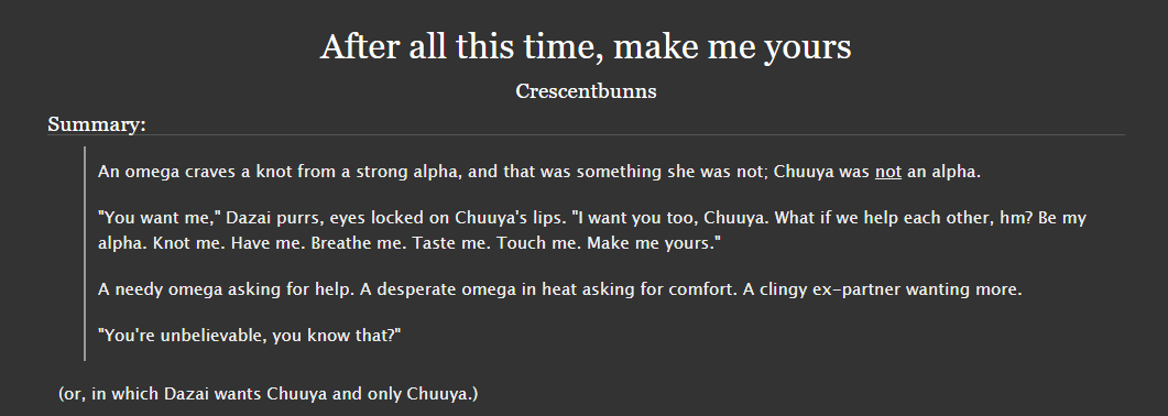 OhhCinnybuns's tweet photo. After all this time, make me yours, Chap. 1

🍷Chapter title: Sweetness
🍷Rated E, Omegaverse, fem skk 
🍷Omega/Omega, heat, nesting, scenting, eventual shameless smut
🍷 Top Chuuya/Bottom Dazai

https://t.co/tbFRxSG2qi https://t.co/cpvMPoK7q9