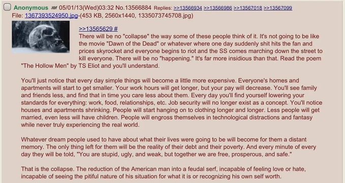 This is a screenshot of a text-heavy post from an anonymous imageboard dated May 2013, featuring a small thumbnail of a skull on the left. The main body of text describes a gradual, insidious societal collapse characterized by economic decline and personal apathy rather than violent chaos, referenci