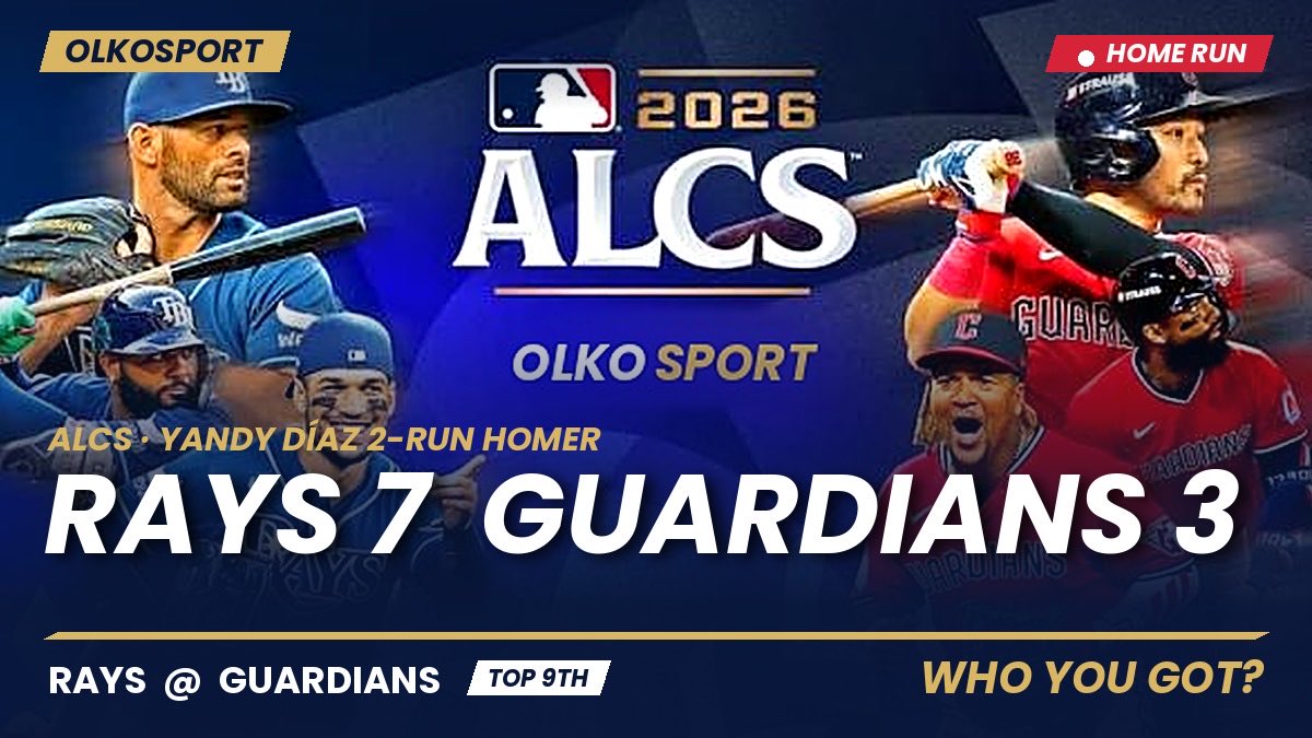 OLKOSPORT's tweet photo. 💣 YANDY DÍAZ GOES DEEP 💣

2-run homer in the 9th ⚾
Rays 7, Guardians 3 | Top 9th

Tampa Bay 3 outs from the W in Cleveland 👀

Is it over? 👇
🔁 RT = Rays close it out
❤️ Like = Guardians miracle

#ALCS #MLB #RaysUp #GuardsBall https://t.co/O231G7nTJN